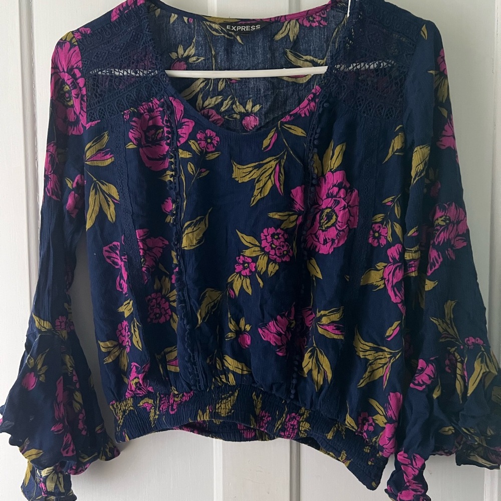Blue floral top with pink and green print, size small from Express